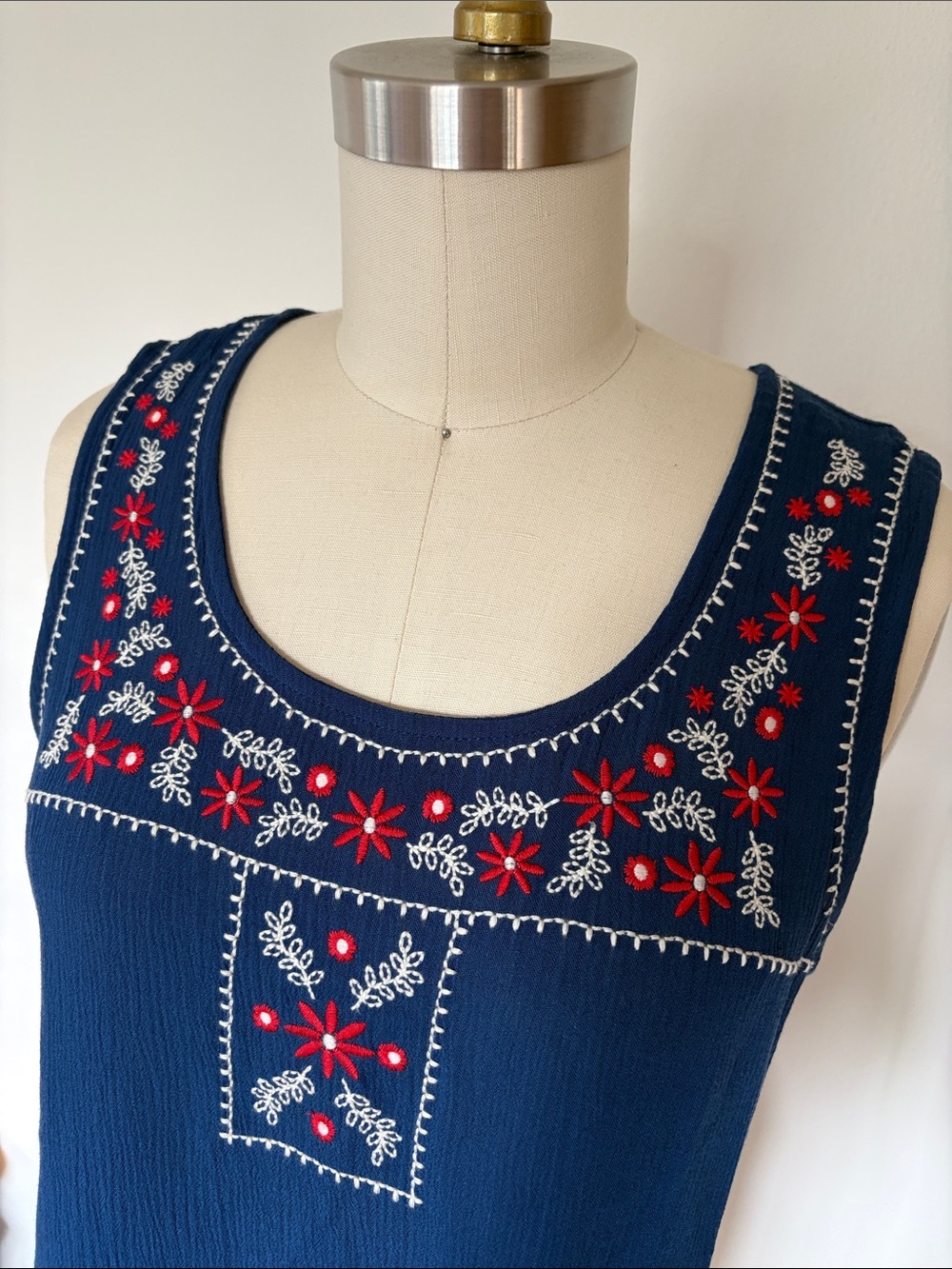 Finesse Navy Sleeveless Tank with Red & White Embroidery